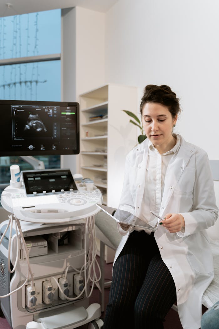 A female doctor in a clinic reviewing ultrasound images with medical equipment.